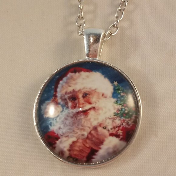 Silver Santa Claus Cabochon Pendant Necklace 20" Party Gift - Picture 3 of 3